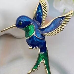 Elegant Blue and Green Hummingbird Brooch